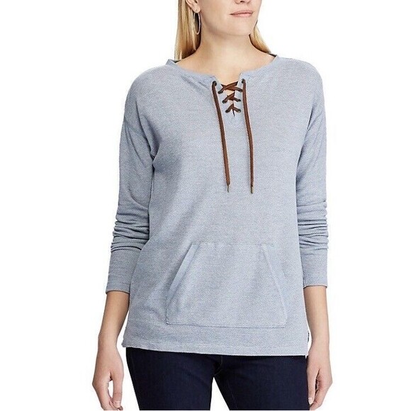 Chaps Lace Up Sweatshirt Women Blue Rugged Blue Size Large Cotton Blend G2 - Picture 3 of 10